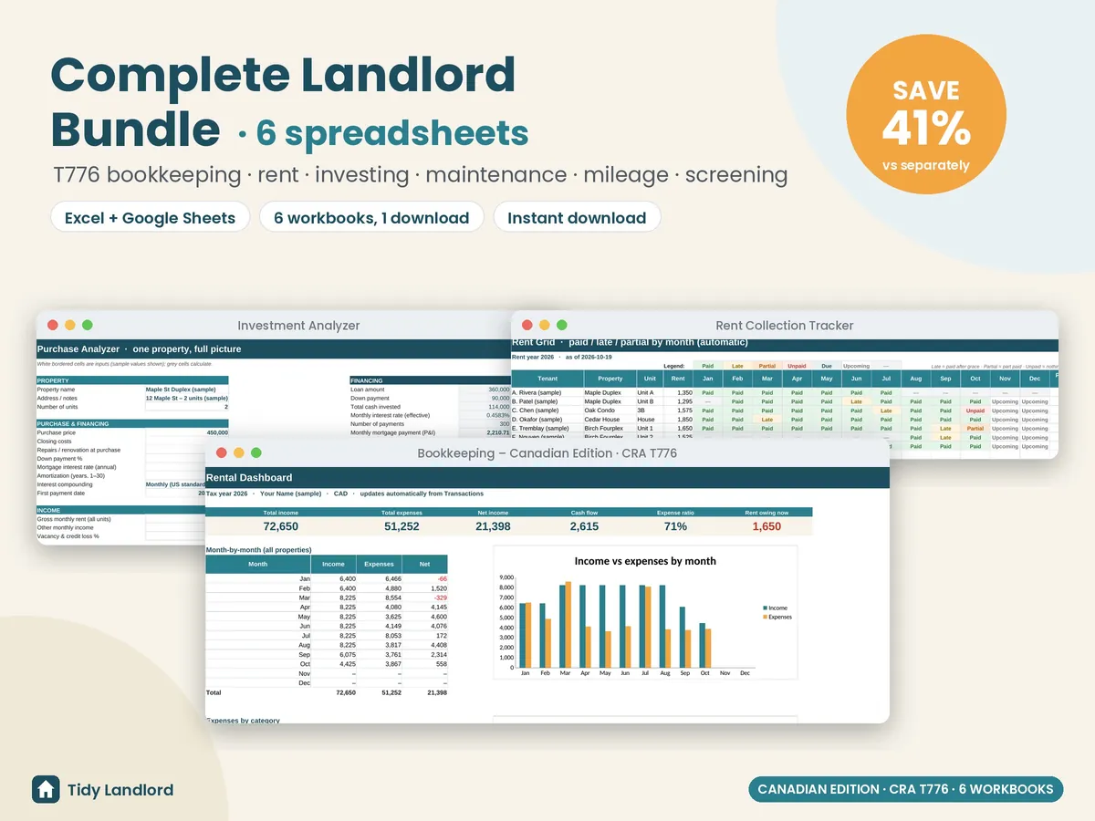 Canadian Landlord Bundle, CRA T776 edition: 6 rental property spreadsheets for Excel and Google Sheets