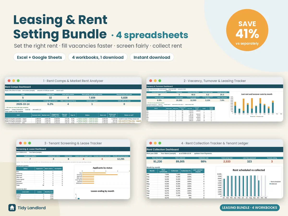 Leasing and Rent Setting Bundle: 4 landlord spreadsheets for Excel and Google Sheets