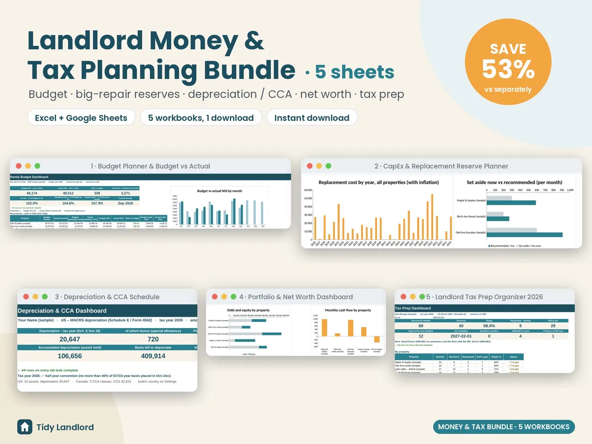 Landlord Money and Tax Planning Bundle: 4 rental property spreadsheets for Excel and Google Sheets