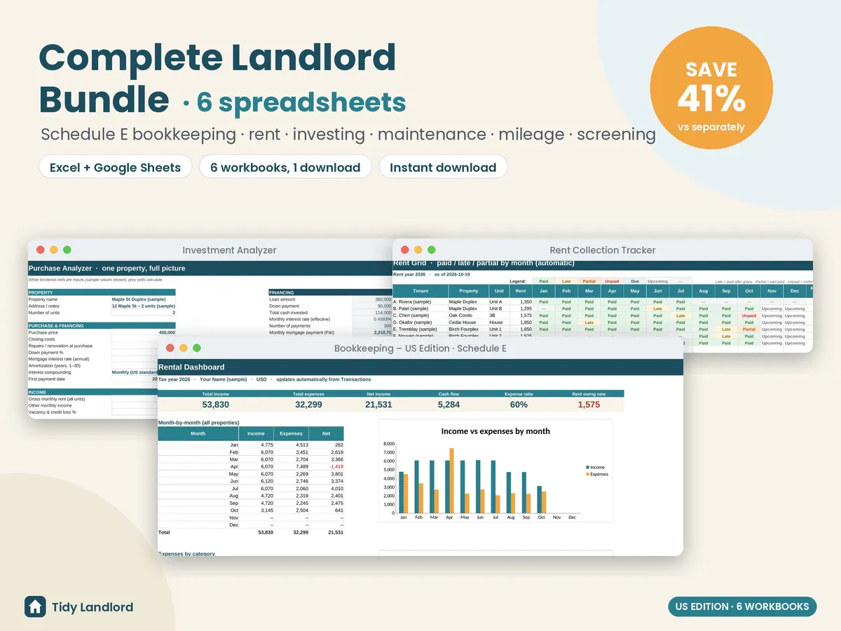 Complete Landlord Bundle, US edition: 6 rental property spreadsheets for Excel and Google Sheets