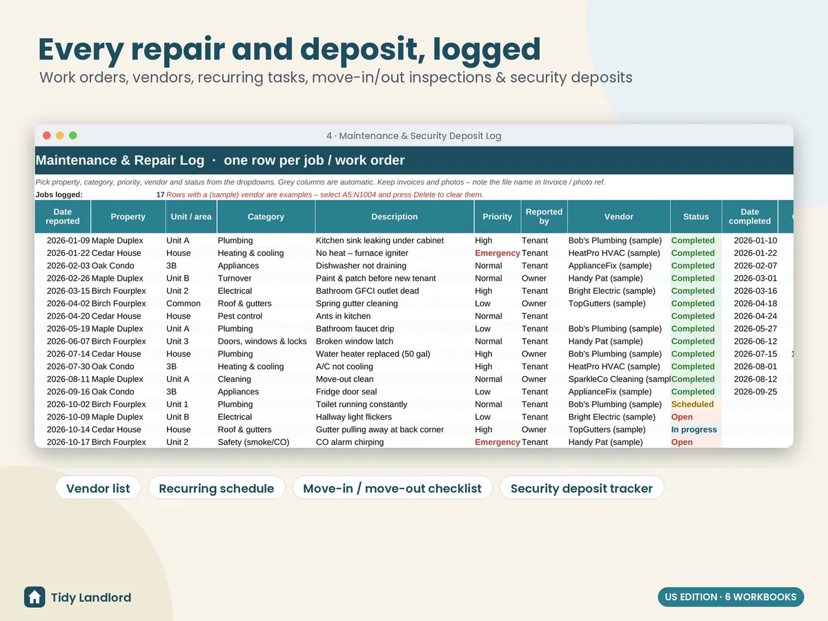 Maintenance & security deposit log