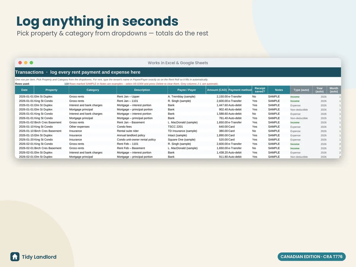 Transactions log with dropdowns