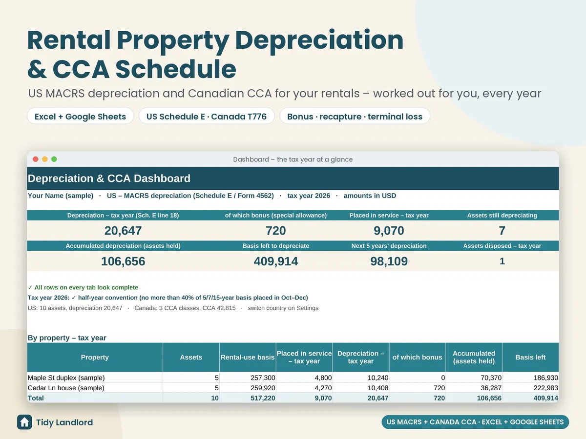 Rental property depreciation and CCA schedule spreadsheet for the US and Canada