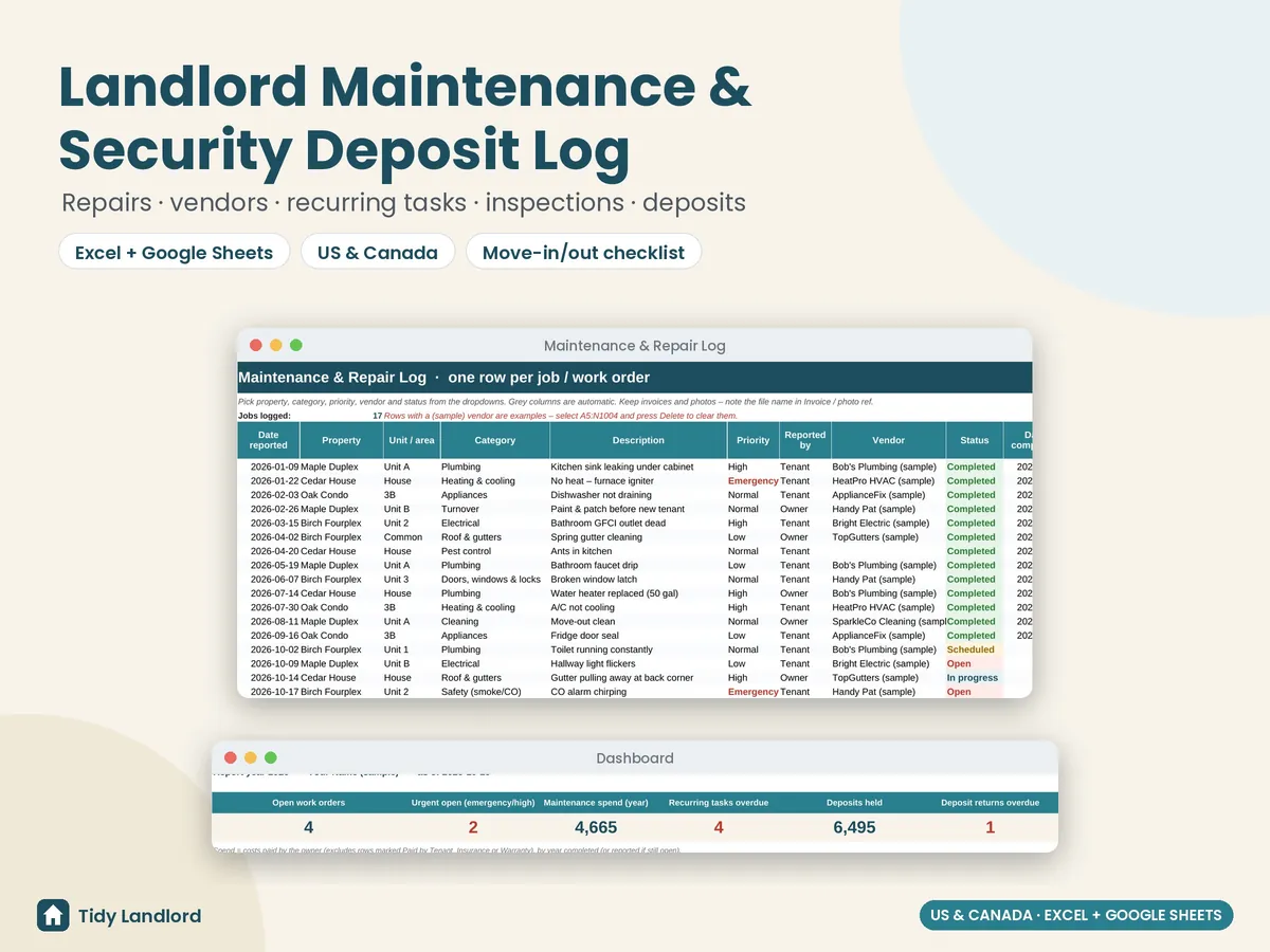 Landlord maintenance log and security deposit tracker spreadsheet dashboard