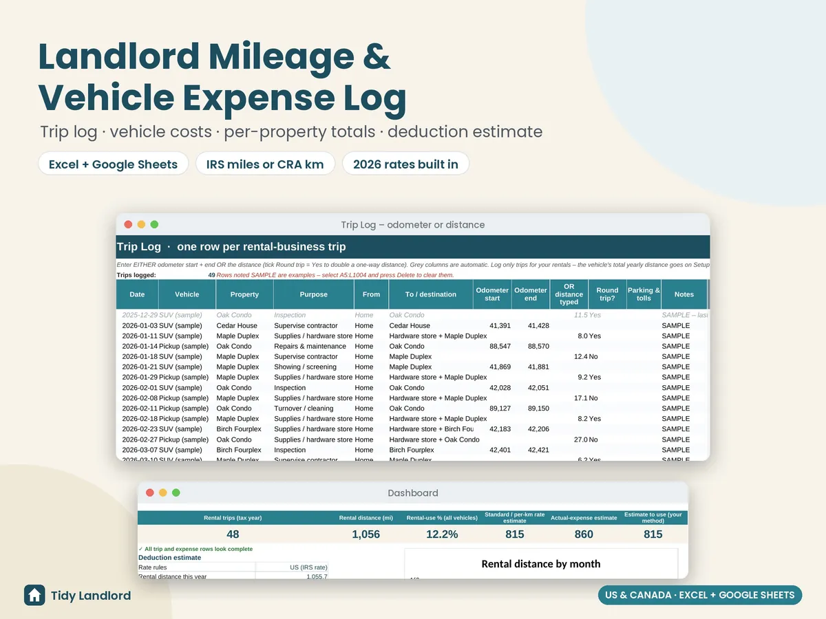 Landlord mileage log and vehicle expense tracker spreadsheet