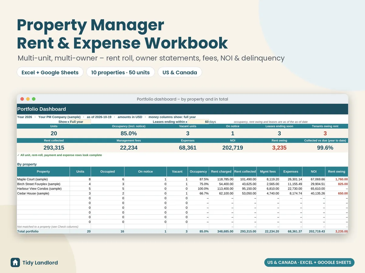 Property manager multi-unit rent and expense workbook with portfolio dashboard