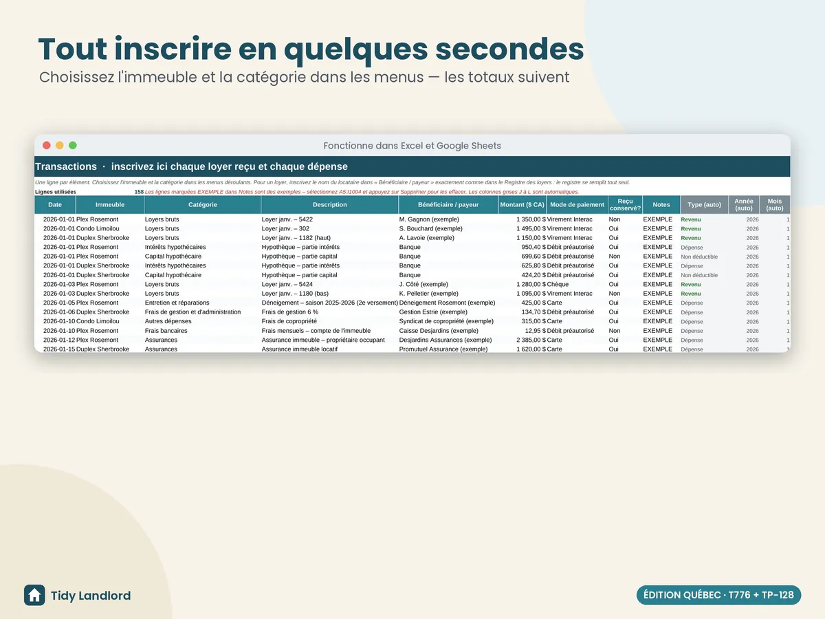Transactions avec menus déroulants