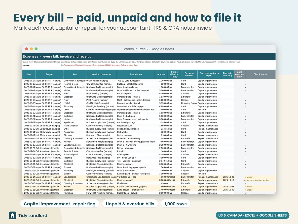 Expenses log: capital vs repair