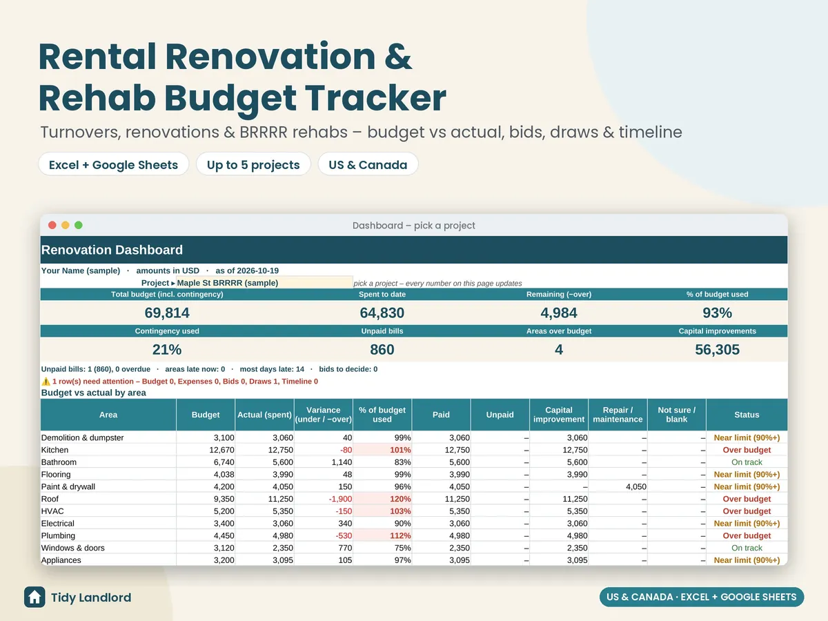 Rental renovation and rehab budget tracker spreadsheet with budget vs actual dashboard