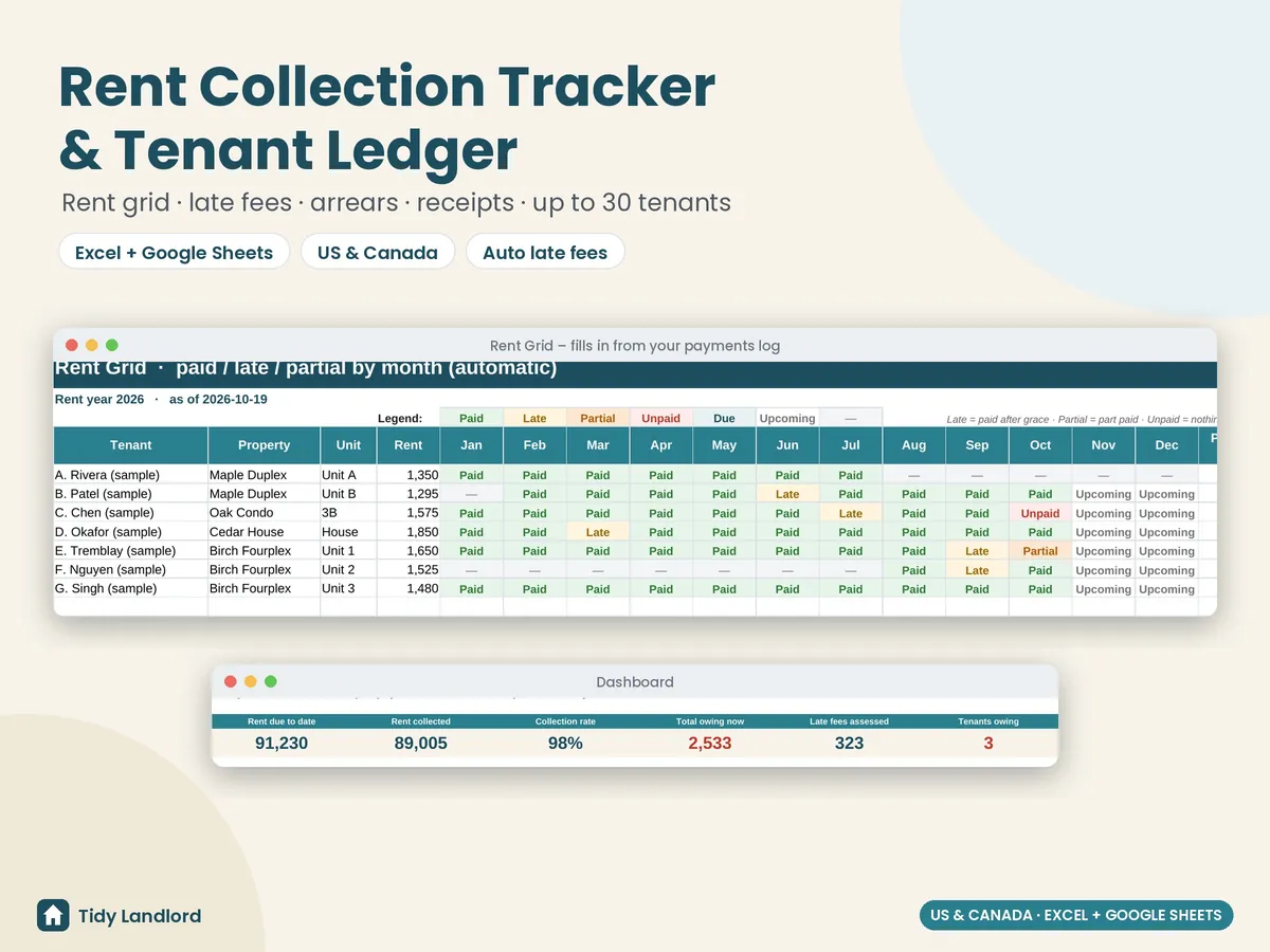 Rent collection tracker spreadsheet with colour-coded rent grid