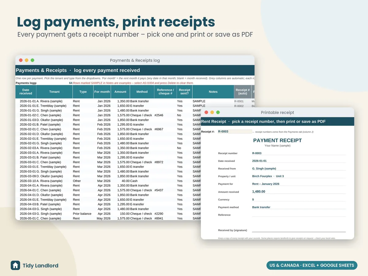Payments log and printable receipt