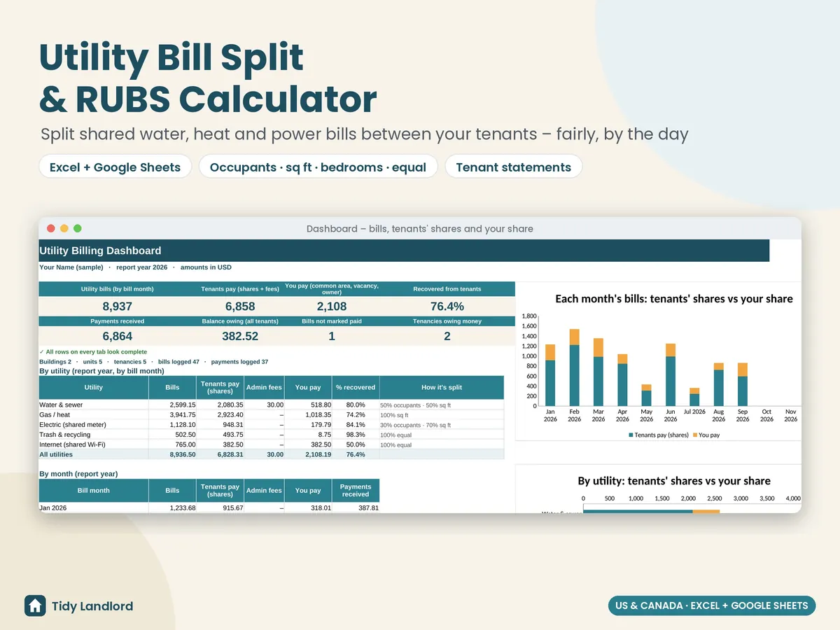 Landlord utility bill split and RUBS calculator spreadsheet dashboard