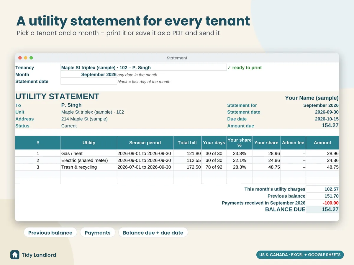 Printable tenant utility statement