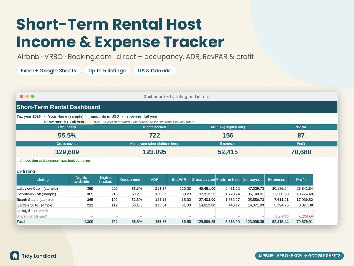 Airbnb and VRBO short-term rental host income and expense tracker spreadsheet