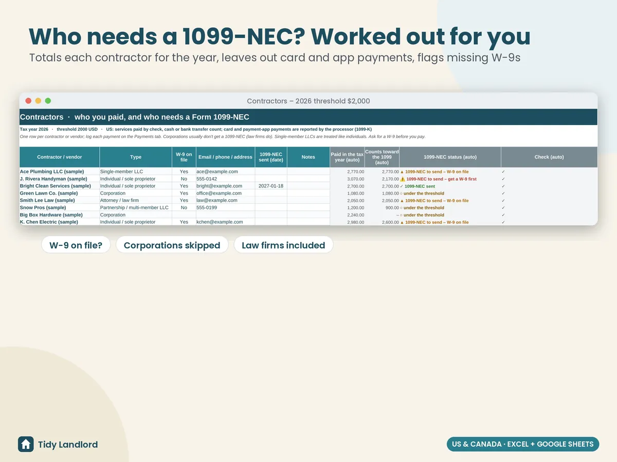 1099-NEC contractor tracker (2026 rule)