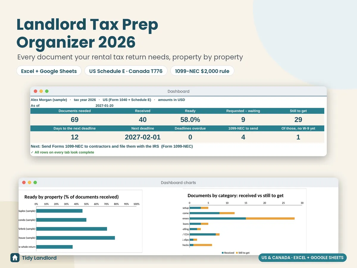 Landlord tax prep organizer and 1099-NEC contractor tracker spreadsheet dashboard