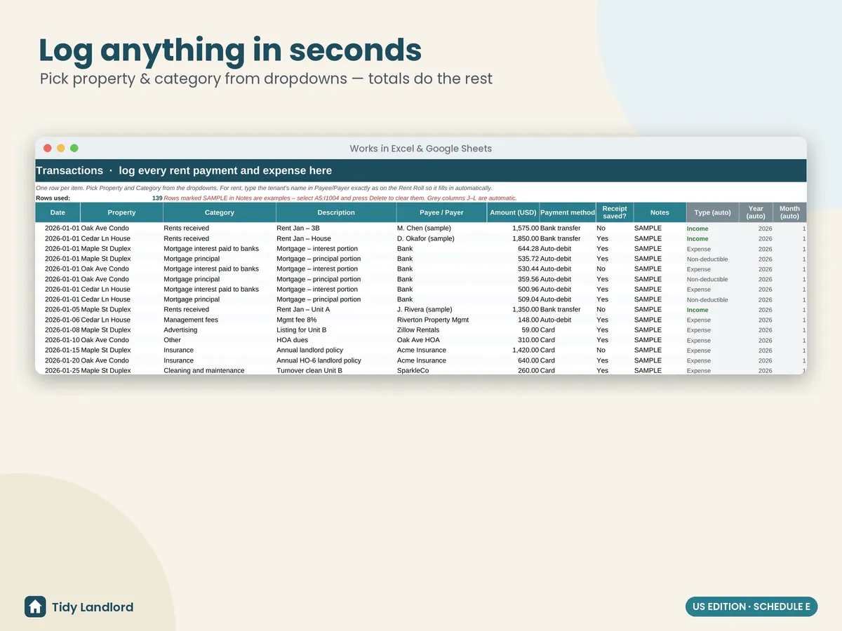 Transactions log with dropdowns
