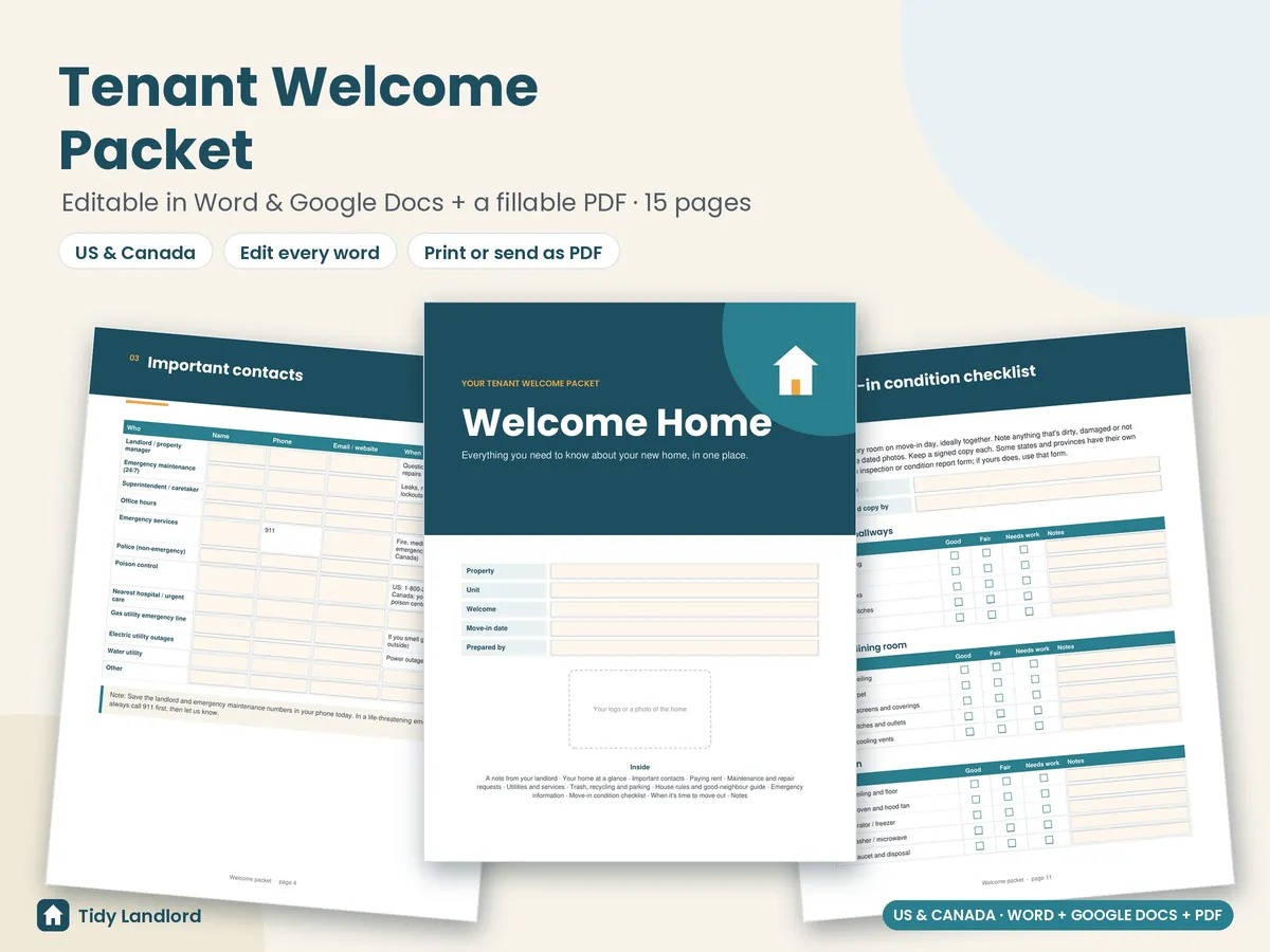 Editable tenant welcome packet pages: cover, contacts and move-in checklist